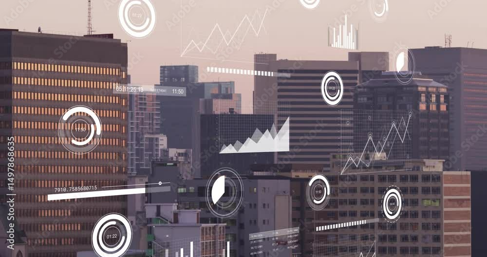 Poster on start, digital charts appearing, fading, sliding and drawing over skyline for data visualization