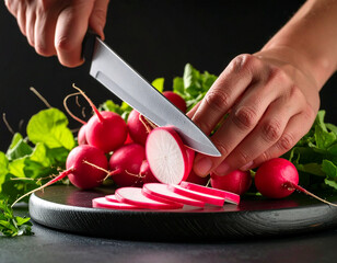 Bright pink radishes are being thinly sliced on a dark surface, adding a crisp texture to a salad.