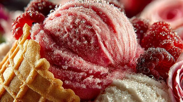 Pink raspberry sorbet with cherries and roses, richly textured and frosty