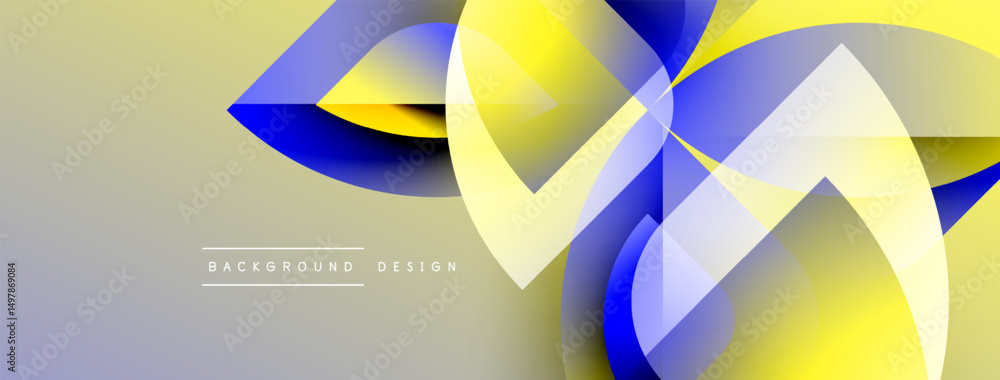 Poster Abstract geometric shapes overlap, creating dynamic visual effect. Yellow, blue, white hues blend smoothly over gradient background.