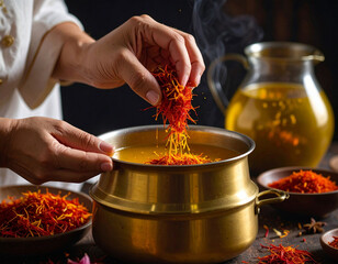 A pinch of saffron threads being added to a simmering pot of golden broth.