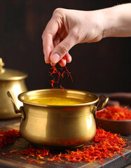 A pinch of saffron threads being added to a simmering pot of golden broth.