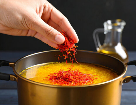 A pinch of saffron threads being added to a simmering pot of golden broth.