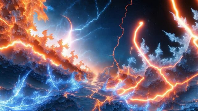Electric storm illustration featuring fire, ice, and lightning fractals
