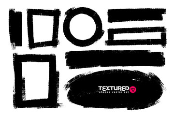 Set of vector paint brush stroke, ink splatter and artistic design elements. Dirty painted textures, box, frame, grunge background, splash or creative shapes for social media. Abstract drawing.