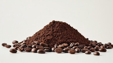 Ground Coffee Cone with Beans High-Angle Close-up, Coffee Composition, Aromatic Brew Coffee beans, ground coffee, coffee powder