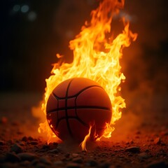 Fototapeta premium Fiery basketball ball burns in bright flame on black backdrop. Powerful sport game, flaming sphere flies fast. Intense competition, hot action, abstract symbol of win. 