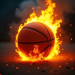 Fototapeta premium Fiery basketball ball burns in bright flame on black backdrop. Powerful sport game, flaming sphere flies fast. Intense competition, hot action, abstract symbol of win. 