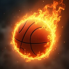 Fototapeta premium Fiery basketball ball burns in bright flame on black backdrop. Powerful sport game, flaming sphere flies fast. Intense competition, hot action, abstract symbol of win. 