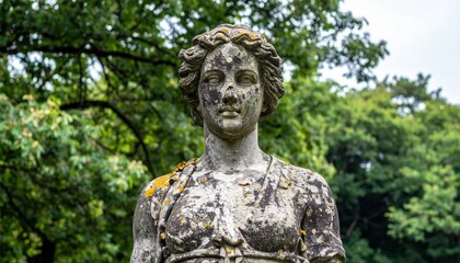 Fototapeta premium Crumbling Historical Statue in a Park Surrounded by Greenery