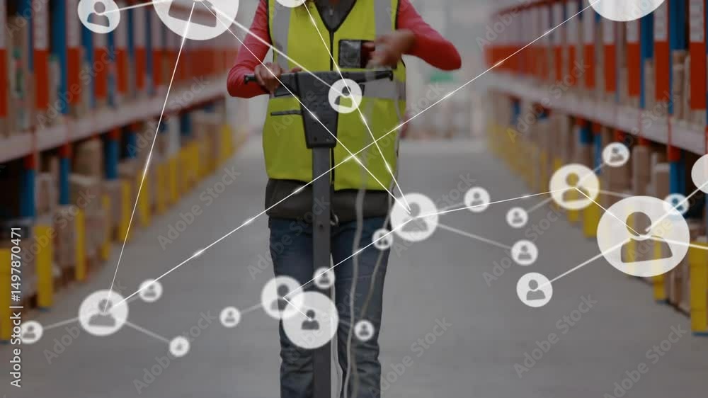 Poster warehouse worker pushing pallet jack in aisle inspecting controls showing white nodes overlay