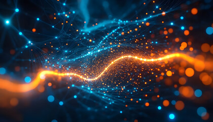Abstract tech network data connections with orange, blue glowing dots, lines. Artificial intelligence neural network, machine learning, cloud computing concept. Digital transformation strategies,