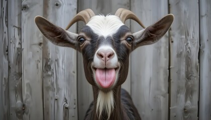 A playful goat sticks out its tongue in silly defiance evoking laughter and joy portrait close up neutral grey