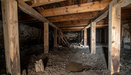 Dark and Damp Crawl Space with Wooden Beams and Soil Floor
