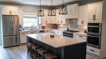 Fototapeta premium Modern Farmhouse Kitchen Design White Cabinets, Quartz Countertops, Island, Pendant Lights, Farmhouse Style, Kitchen Remodel Farmhouse kitchen, kitchen design