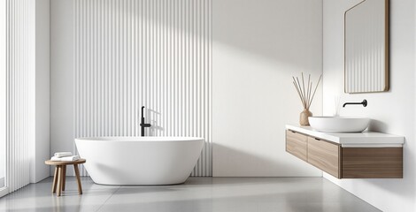Minimalist white bathroom with freestanding tub, floating wood vanity and round mirror in creative design style on clean light background. Ai generative