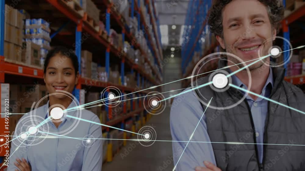 Poster warehouse workers standing with arms crossed activating digital node network illustrating workflow