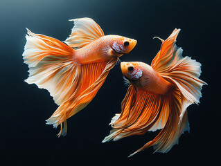 Artistic photo of twin double-tail betta fish appearing as ballerinas in motion, isolated on a deep black background. Fins extended in graceful arcs like dance ribbons, with fluid symmetry.
