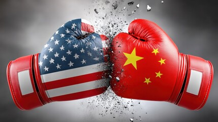 the China and USA flags in a boxing match, with symbolic gloves that encapsulate their conflict, heated rivalry, and tension over trade and politics, highlighting the ongoing competition and fight.