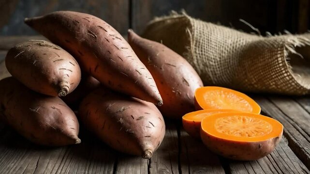 Close-up of fresh sweet potatoes on surface