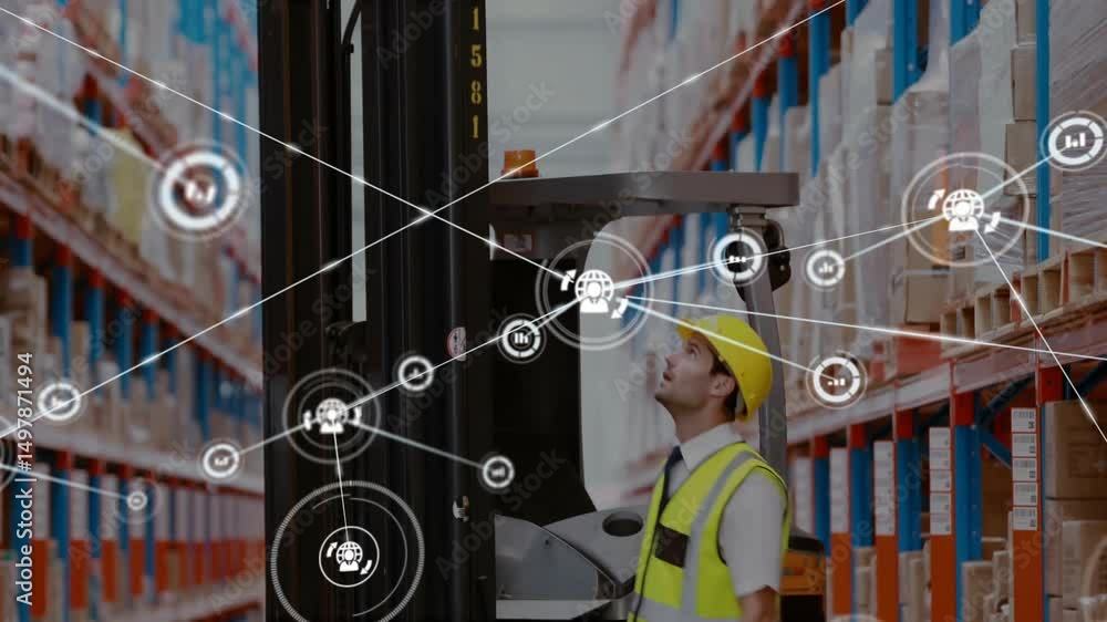 Poster warehouse inspector scanning high racks at forklift and initiating data overlay mapping stock flow