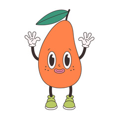 Cute groovy mango. Trendy funky retro cartoon fruit character. Groovy summer collection. Vector illustration in flat style