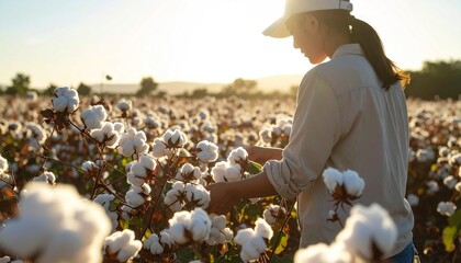 Cotton Field Harvest: A woman harvests cotton in a golden field at sunset.