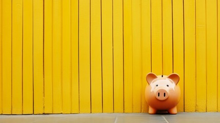 Piggy Bank on Yellow Wooden Fence Minimalist Savings Concept, Savings, Piggybank