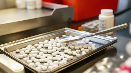 Pill Counting Metal Tray, Fork, White Tablets, Pharmacy Workflow, Pharmaceutical Production Pharmacy, Medication