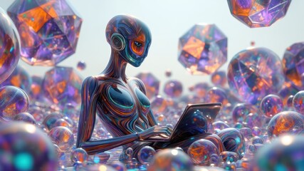 Fototapeta premium Futuristic alien humanoid with glowing skin using laptop surrounded by floating crystals and spheres, representing artificial intelligence, digital evolution, extraterrestrial tech, and sci-fi fantasy