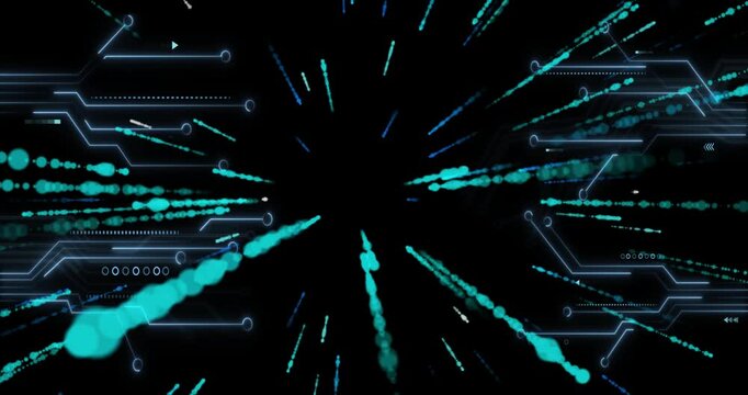 Teal and cyan particles materializing along circuits accelerating inward toward void forming tunnel