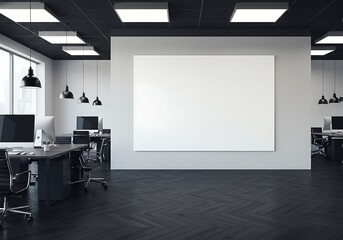 Modern office interior with large blank whiteboard