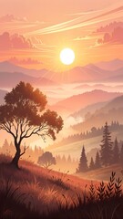 Sunrise landscape painting mountain range with tree and forest scenery