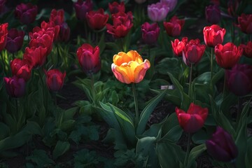 A single, vibrant, luminous tulip stands out amid a bed of deep red, purple, and pink tulips.  Sunlight highlights the flower, creating a striking contrast