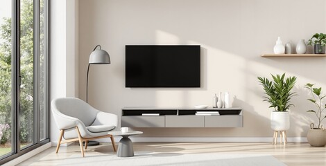 Contemporary interior showing cozy lounge chair, wall-mounted TV, indoor plants, and stylish furniture in creative design style on bright background. Ai generative