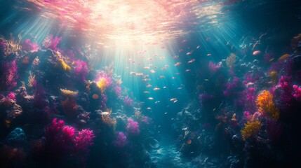 Vibrant Coral Reef With Colorful Fish Under Sunlit Ocean