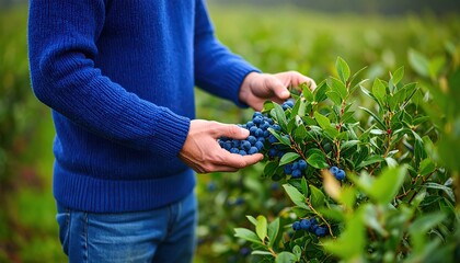 Hands carefully harvesting fresh blueberries from a leafy blueberry bush.