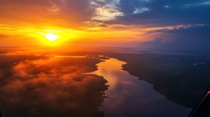 Fototapeta premium Aerial View of Sunrise Over Waterways and Creeks in Everglades National Park, Florida Captured from Helicopter