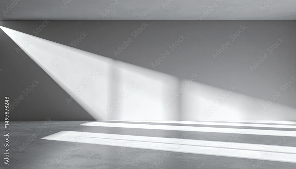 Poster a minimalist interior with soft light streaming through, creating shadows on a smooth floor and a pl