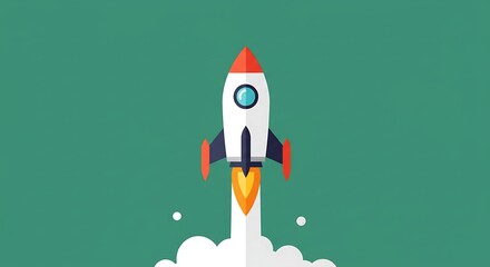 Rocket Launch Illustration with Smoke and Flames on Green Background