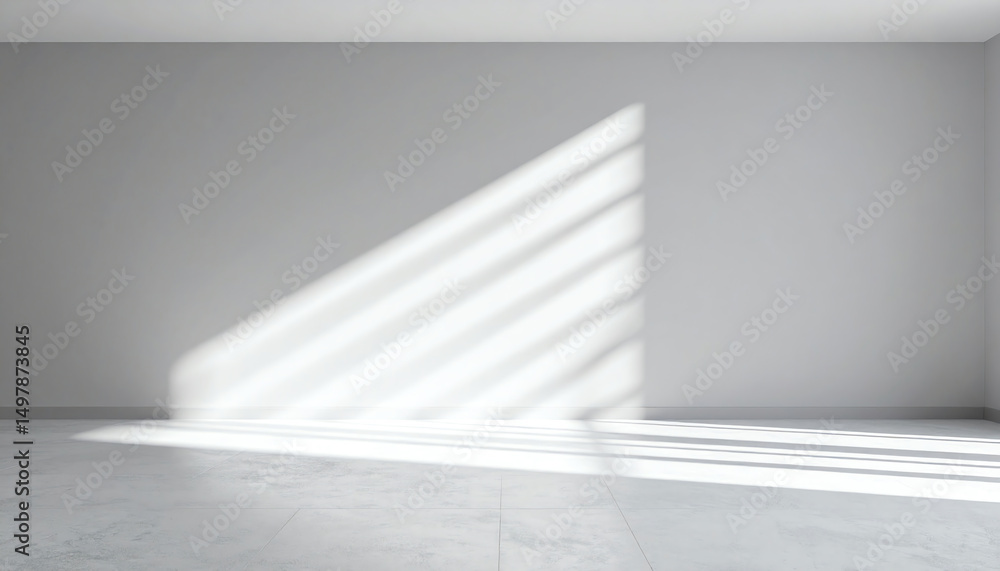 Poster minimalist interior with soft light casting shadows on a blank wall, creating a serene and spacious 