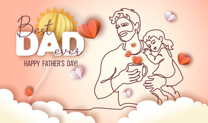 Happy Fathers Day holiday card. Dad drinks morning coffee and holds his sleeping daughter in his arms.