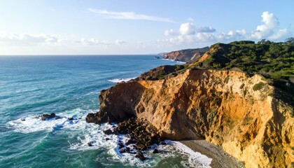 Fototapeta premium Eroding Cliffs Along Coastline with Waves Crashing into the Sea