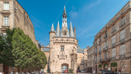 Historic Porte Cailhau timelapse hyperlapse in Bordeaux, France, with its medieval architecture and...