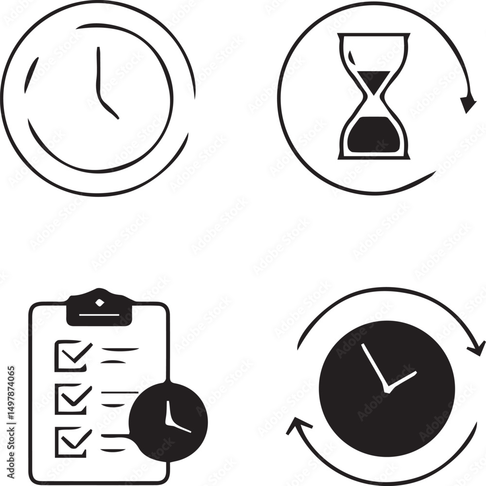 Poster time management icons: a set of four hand-drawn icons representing time management concepts: a clock