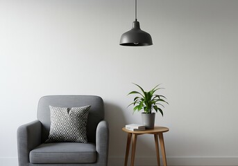 Armchair plant and lamp against a white backdrop