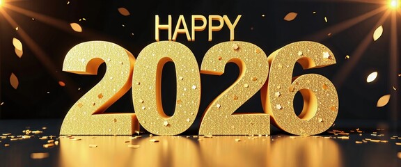 Vibrant New Year 2026 Scene: Sparkling Lights & Confetti Celebrate Together. A golden happy new year 2016 text on a dark background surrounded by confetti.
