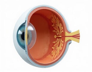 stylized 3d cutaway of the human eye showing chip placement in macula, white backdrop for clean separation, clinical yet modern tone.