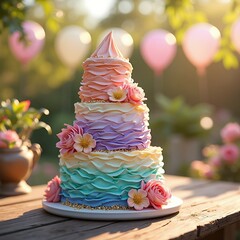 Pastel Ombre Wedding Cake with Floral Decorations