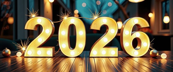 Happy New Year 2026 Wallpaper: Festive Scene with Sparkling Lights and Decorative Balls. A golden number 2016 with sparkling lights and decorations on a wooden floor.